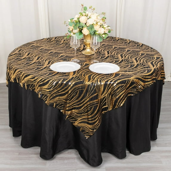 BalsaCircle 72x72 in Black Gold Wavy Embroidered Sequined Tulle Square Table Overlay Party Events Decorations Supplies