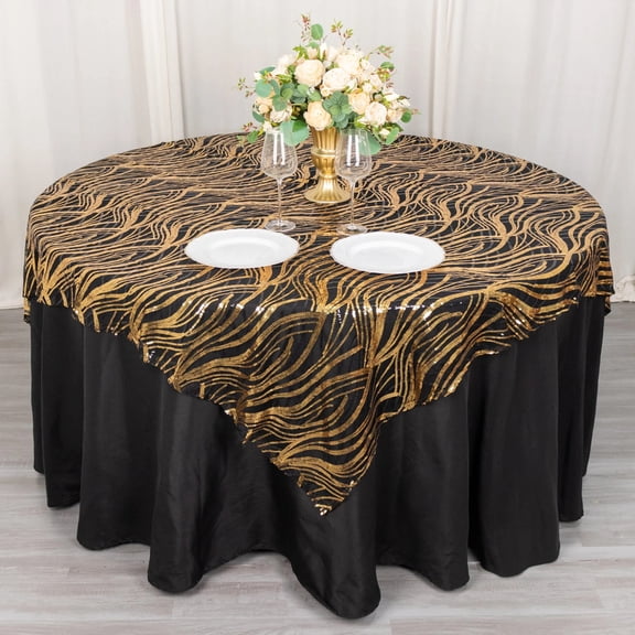 BalsaCircle 72x72 in Black Gold Wavy Embroidered Sequined Tulle Square Table Overlay Party Events Decorations Supplies