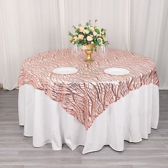BalsaCircle 72x72 in Blush Wavy Embroidered Sequined Tulle Square Table Overlay Party Events Decorations Supplies