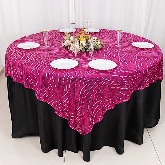 BalsaCircle 72x72 in Fuchsia Silver Wavy Embroidered Sequined Tulle Square Table Overlay Party Events Decorations Supplies