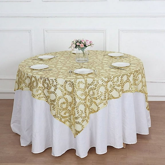 Balsa Circle 72x72 in Gold Embroidered Leaves Sequined Tulle Square Table Overlay Party Events Decorations Supplies