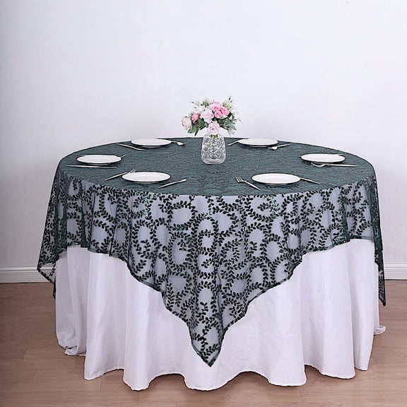Balsa Circle 72x72 in Hunter Green Embroidered Leaves Sequined Tulle Square Table Overlay Party Events Decorations Supplies