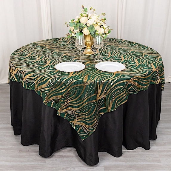 BalsaCircle 72x72 in Hunter Green Gold Wavy Embroidered Sequined Tulle Square Table Overlay Party Events Decorations Supplies
