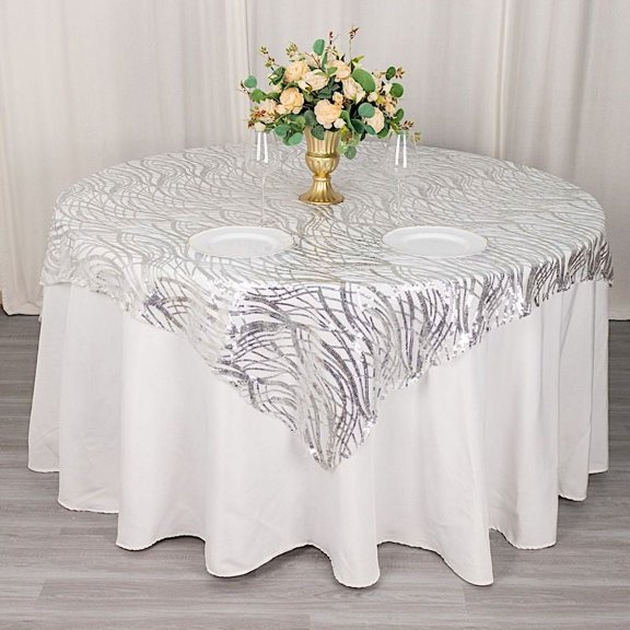 BalsaCircle 72x72 in Silver Wavy Embroidered Sequined Tulle Square Table Overlay Party Events Decorations Supplies