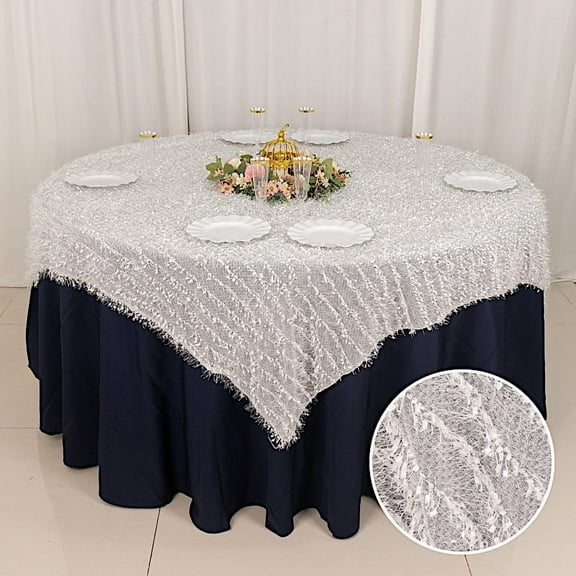 Balsa Circle 72x72 in White Shaggy Fringe Polyester Square Table Overlay Wedding Party Events Decorations Supplies