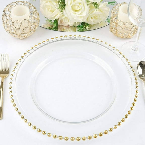 BalsaCircle 8 Clear 12" Round Glass Charger Plates Gold Beaded Rim Tableware Wedding Reception  Dinner Party Decoration Supplies