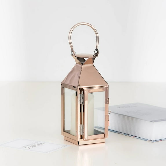 BalsaCircle 8" Rose Gold Metal Lantern Candle Holder Wedding Party Centerpieces