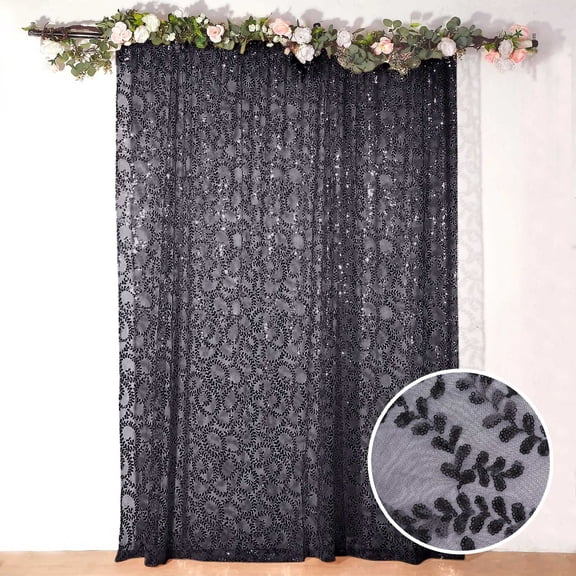 BalsaCircle 8x8 feet Black Embroidered Leaves Sequined Tulle Backdrop Curtain Panel Party Events Decorations