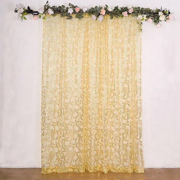 BalsaCircle 8x8 feet Gold Embroidered Leaves Sequined Tulle Backdrop Curtain Panel Party Events Decorations