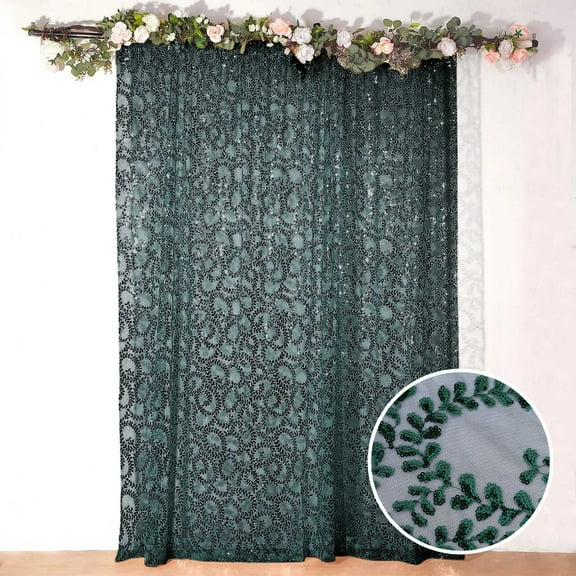 BalsaCircle 8x8 feet Hunter Green Embroidered Leaves Sequined Tulle Backdrop Curtain Panel Party Events Decorations