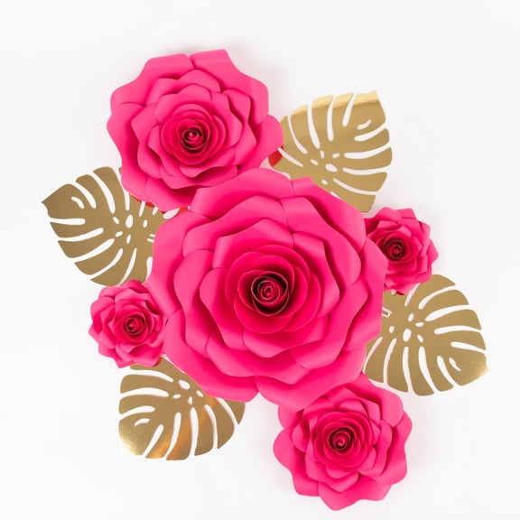 BalsaCircle 9 Fuchsia 3D Rose Paper Flowers with Gold Monstera Leaves Hanging Wall Wedding Party Event Window Hanging