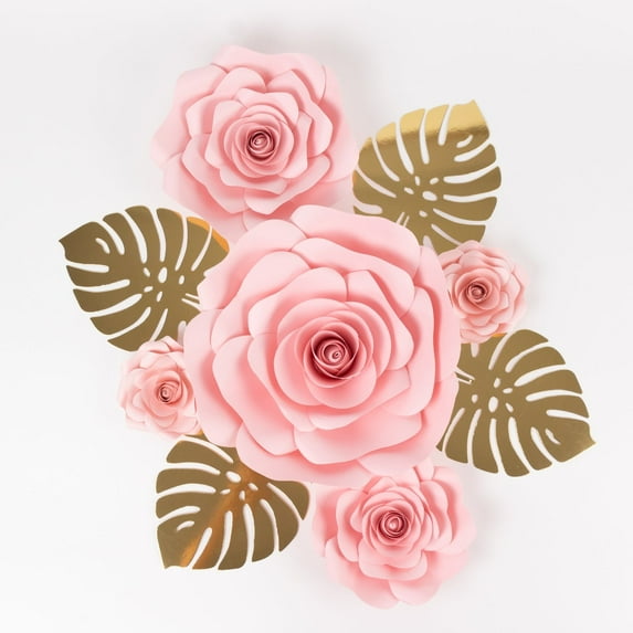 BalsaCircle 9 Pink 3D Rose Paper Flowers with Gold Monstera Leaves Hanging Wall Decor Wedding Party Event Decorations