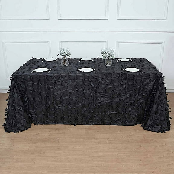 Balsa Circle 90" x 132" Black Leaf Petals Taffeta Rectangle Tablecloth Reception Catering
