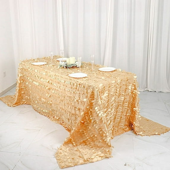 Balsa Circle 90" x 132" Champagne Leaf Petals Taffeta Rectangle Tablecloth Reception Catering