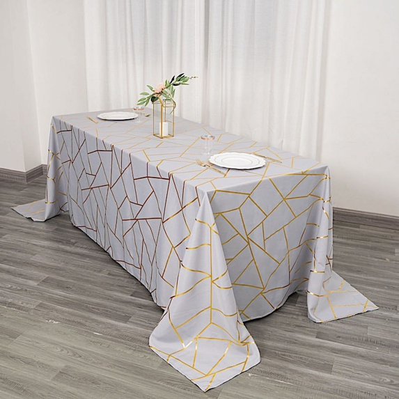 BalsaCircle 90" x 132" Silver Gold Metallic Geometric Design Polyester Rectangle Tablecloth Event