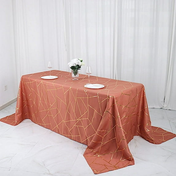 Balsa Circle 90" x 132" Terracotta Gold Metallic Geometric Design Polyester Rectangle Tablecloth Event
