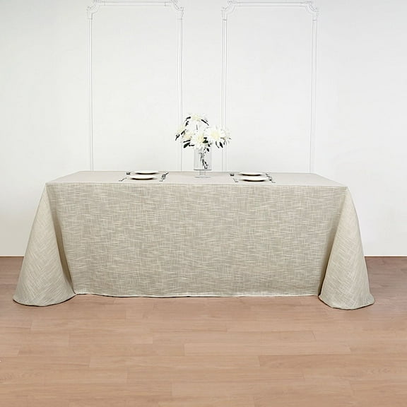 Balsa Circle 90" x 156" Beige Rectangular Premium Polyester Faux Burlap Tablecloth