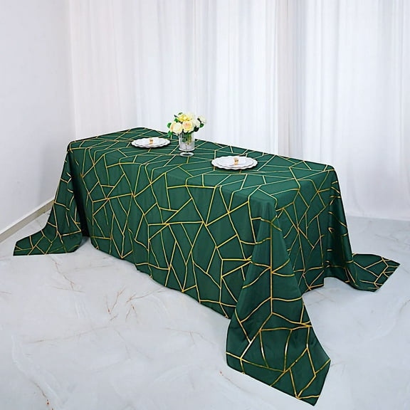 BalsaCircle 90" x 156" Hunter Green Gold Metallic Geometric Design Polyester Rectangle Tablecloth