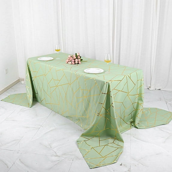 BalsaCircle 90" x 156" Sage Green Gold Metallic Geometric Design Polyester Rectangle Tablecloth