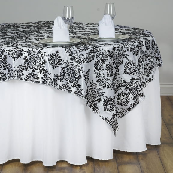 Balsa Circle 90" x 90" Black White Damask Flocking Table Overlays Wedding Party Tablecloth