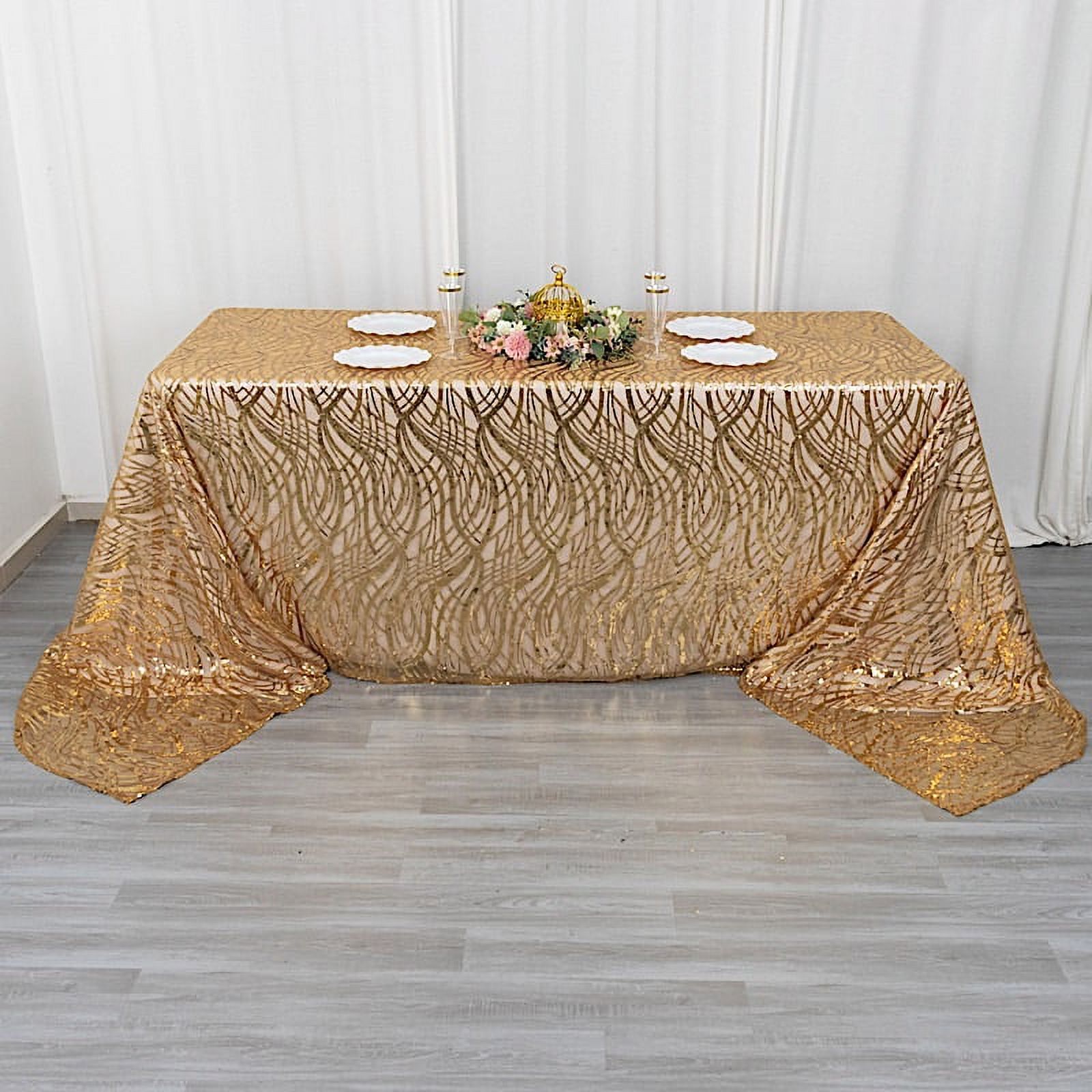 Metallic Tablecloth Ruched Balsa Circle 90x156 in Gold Wavy Sequined Mesh Rectangle Tablecloth ...
