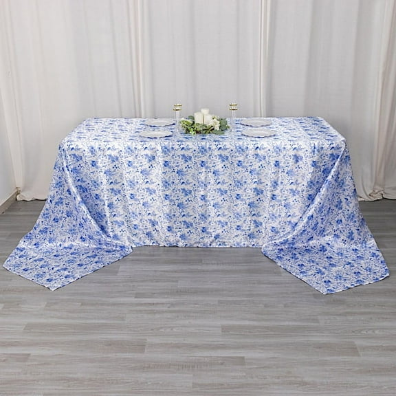 Balsa Circle 90x156 in White Satin Rectangle Tablecloth Blue Floral Print Party Events Decorations Supplies
