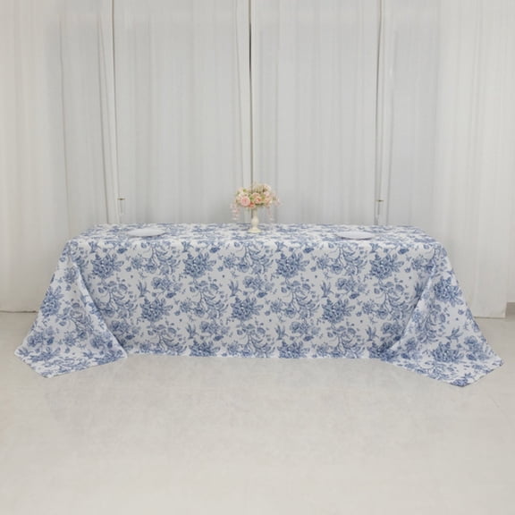 BalsaCircle 90x156 inch White with Blue French Toile Polyester Rectangular Vintage Square Pastoral Floral Rustic Table Cloth Washable Table Cover
