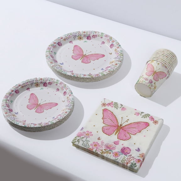BalsaCircle 96 White Pink Butterfly Print Paper Tableware Party Supplies Set Events Decorations Supplies