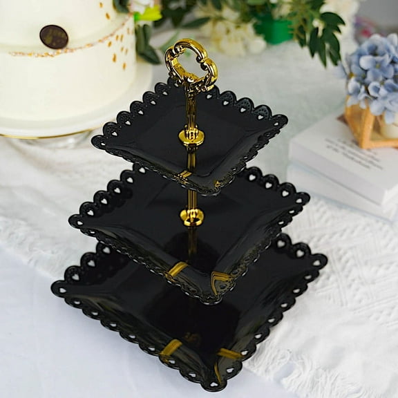 Balsa Circle Black 3 Tiers Plastic 13" Cupcake Holder Square Dessert Stand