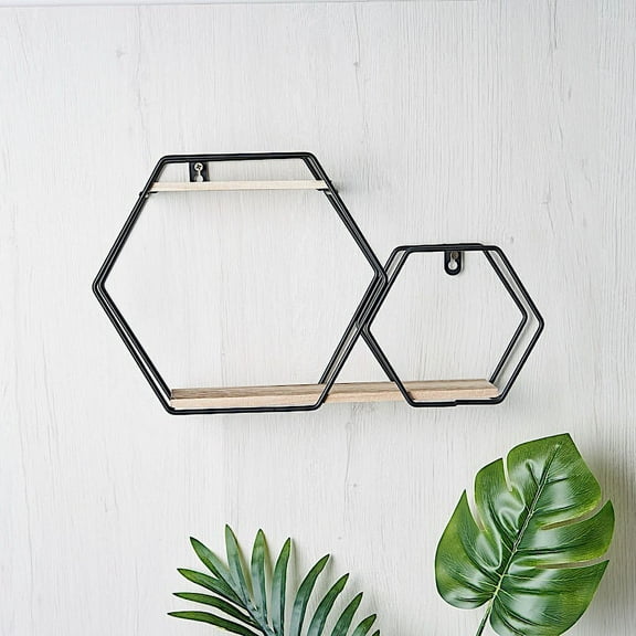 BalsaCircle Black Natural 2 Tiers Hexagon Metal Wood Geometric Floating Shelf Party Wedding Decorations