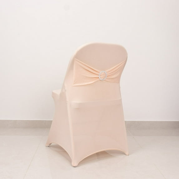 BalsaCircle Blush Spandex Stretchable Folding Chair Cover Silver Rhinestone Buckled Sash Band Slipcovers Wedding