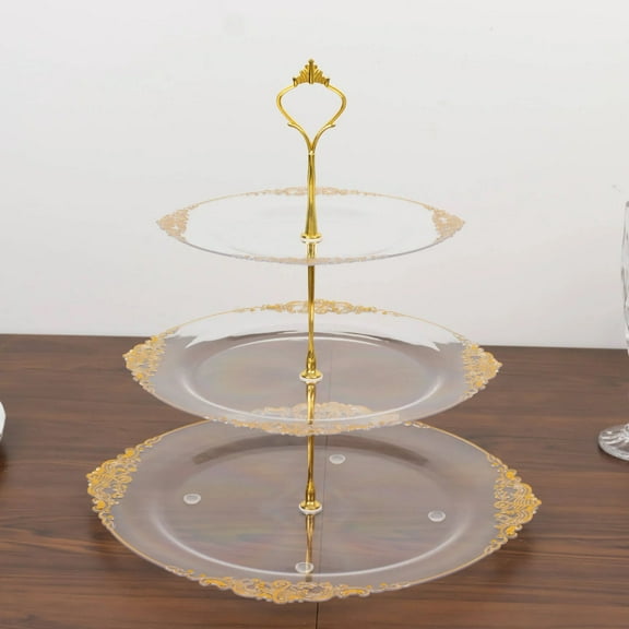 Balsa Circle Clear 3 Tier 13 in Plastic Round Cupcake Stand with Gold Baroque Rim and Top Handle Graduation Birthday Party Wedding Reception Event Decorations