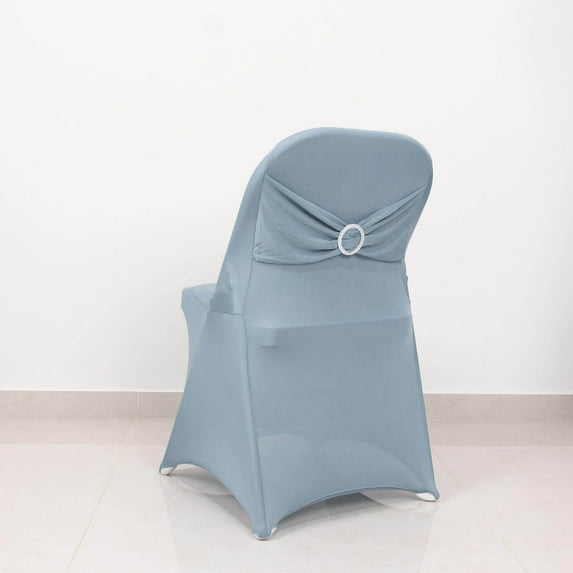 BalsaCircle Dusty Blue Spandex Stretchable Folding Chair Cover Silver Rhinestone Buckled Sash Band Slipcovers Wedding