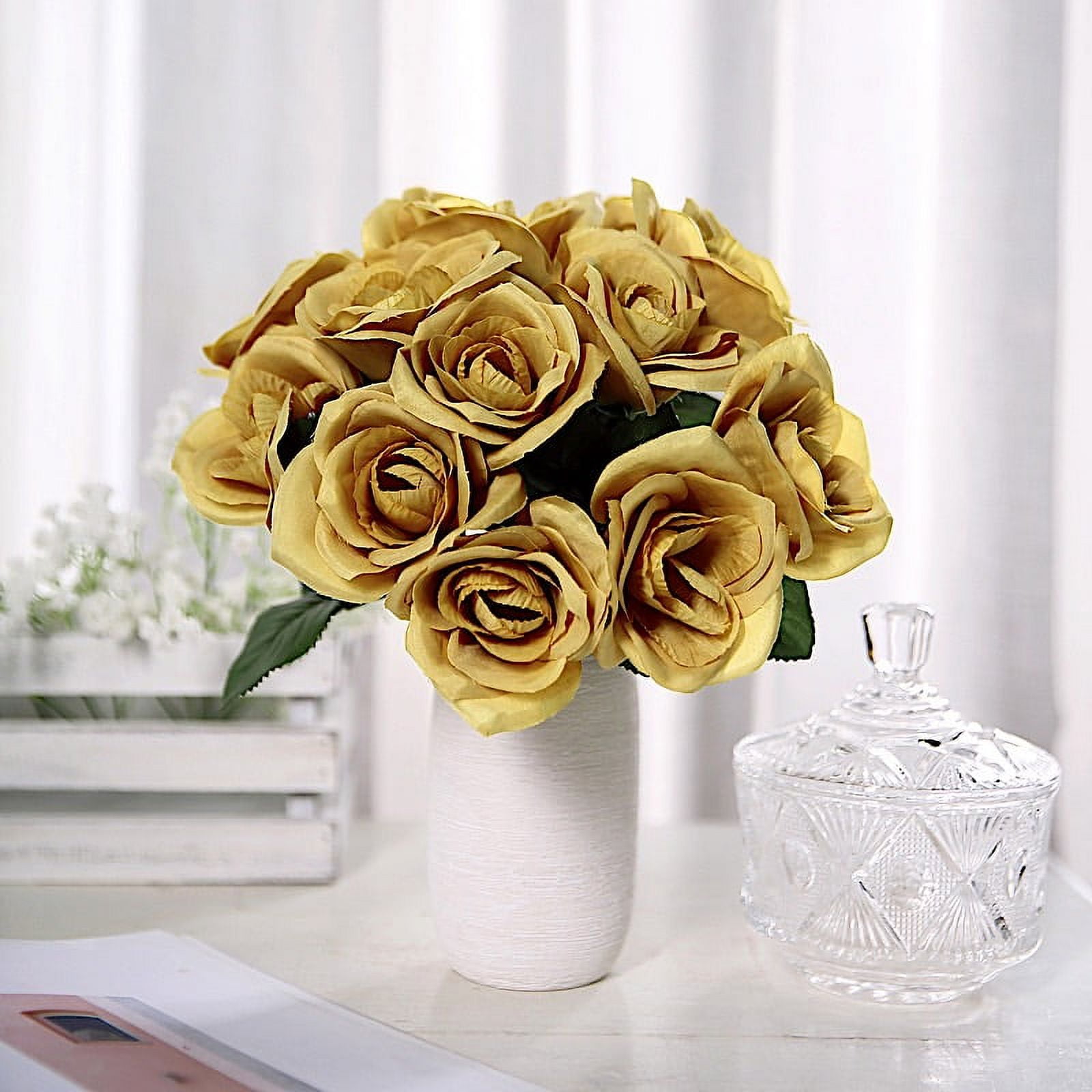 BalsaCircle Gold 12 Artificial Velvet Roses Flowers Arrangement Wedding  Bouquet
