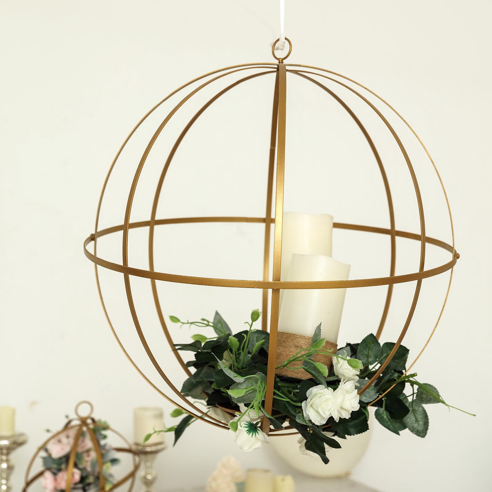 BalsaCircle Gold 12" Globe Ring Hanging Candle Holder Wedding Party Decorations Centerpieces