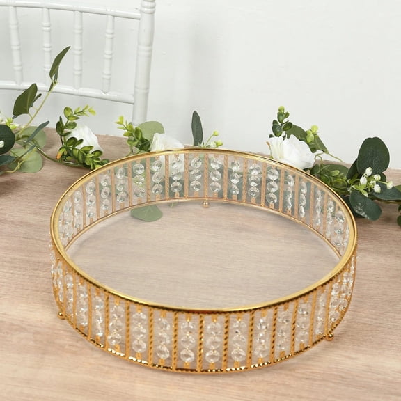 BalsaCircle Gold 14 in Metal Round Cake Stand with Glass Top and Hanging Crystal Beads Birthday Party Wedding Tabletop Decorations