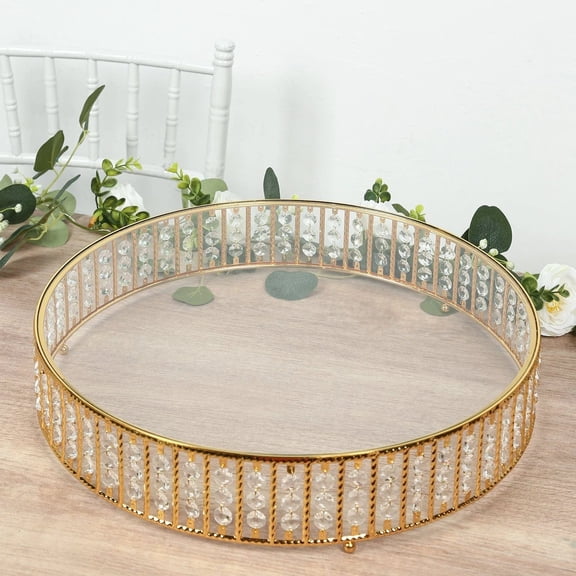 BalsaCircle Gold 18 in Metal Round Cake Stand with Glass Top and Hanging Crystal Beads Birthday Party Wedding Tabletop Decorations