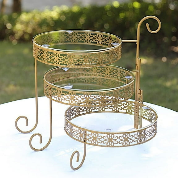 Balsa Circle Gold 28 in Round 3-Tier Metal Rotating Cupcake Stand Clear Acrylic Plates Party Events Decorations