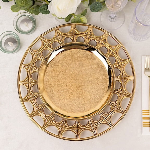 Balsa Circle Gold 6 Round 13 in Metallic Acrylic Plastic Charger Plates Hollow Semi Circle Rim Party Events