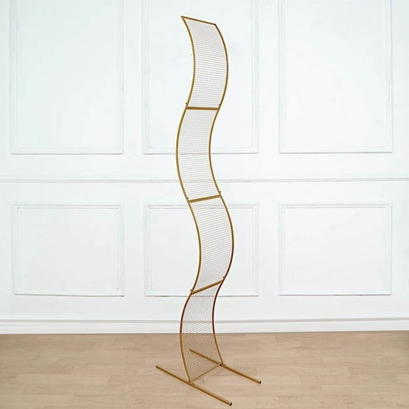 BalsaCircle Gold 7 feet Metal Floral Display Frame Wavy Grid Backdrop Stand Wedding Arch Party Event Decorations