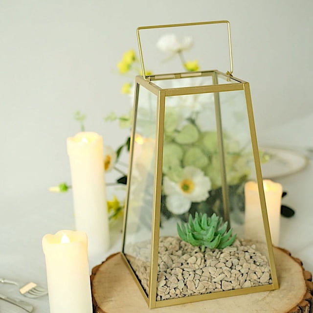 BalsaCircle Gold Clear 10" Glass Geometric Metal Lantern Candle Holder ...