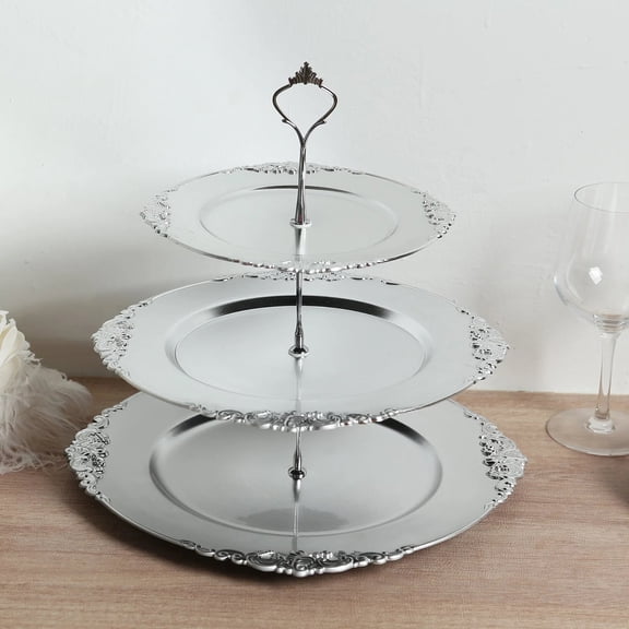 BalsaCircle Metallic Silver 3 Tier 13 in Plastic Round Cupcake Stand with Baroque Rim and Top Handle Graduation Birthday Party Wedding Reception Event Decorations
