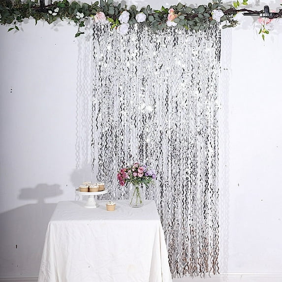 BalsaCircle Metallic Silver 3x6 feet Curly Foil Tassels Fringe Backdrop Curtains Party Events Decorations Supplies