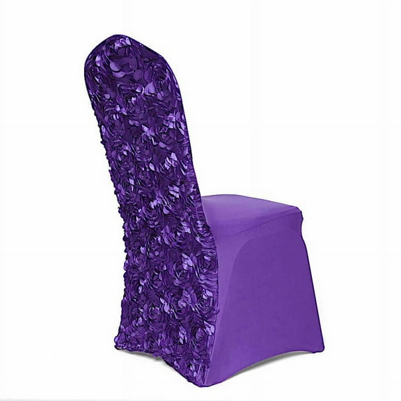 BalsaCircle Purple Satin Raised Roses Spandex Stretchable Banquet Solid Chair Covers Slipcovers