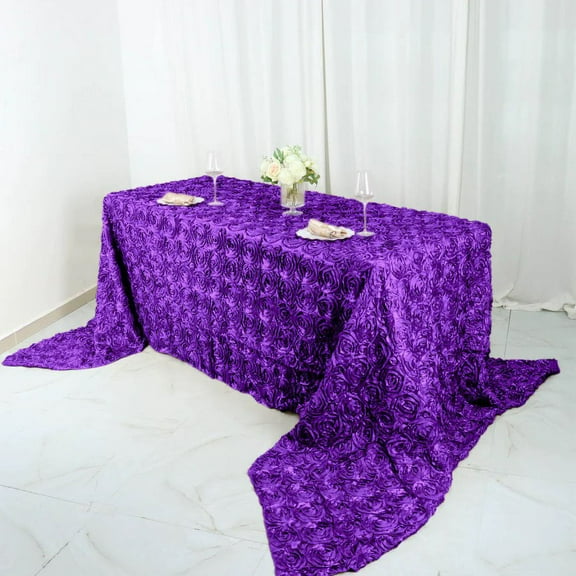 Balsa Circle Raised 90" x 156" Satin Rectangle Tablecloth Rosette Floral Purple