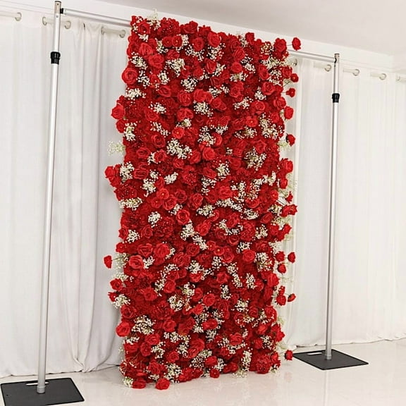 BalsaCircle Red 8x4 feet Silk Roses and Baby's Breath Roll Up Artificial Flower Wall Backdrop Party Photo Background Wedding Reception Event Decorations