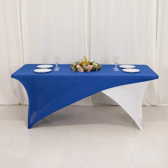 BalsaCircle Royal Blue and White 6 feet Cross Over Fitted Spandex Tablecloth Rectangular Table Cover Party Wedding Linens Reception Catering Event Decorations