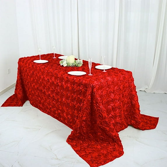 Balsa Circle Satin 90" x 132" Raised Rectangle Tablecloth Rosette Floral Dinner Kitchen Red
