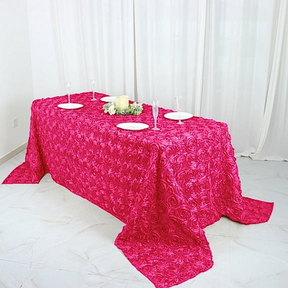 BalsaCircle 90x132 Fuchsia Satin Raised Rosettes Rectangle Tablecloth Wedding Party Dining Room Table Linens