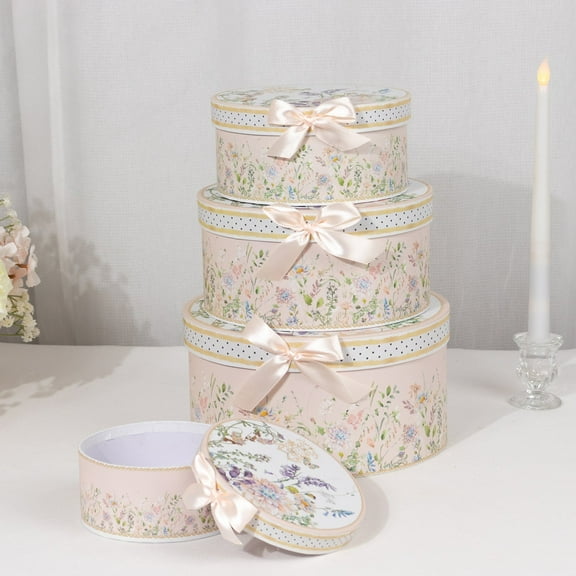 BalsaCircle Set of 4 Round Blush Floral Nesting Cardstock Gift Boxes with Lids Party Accessories